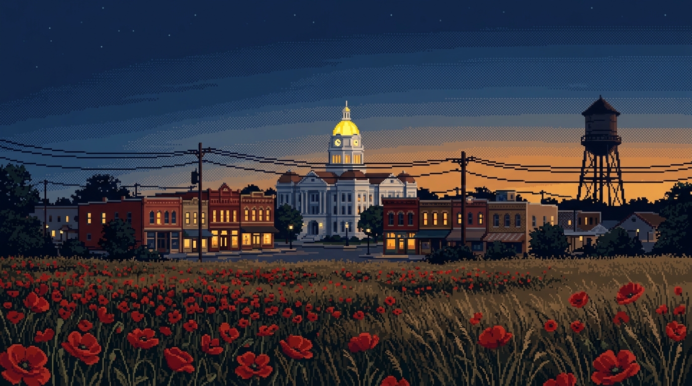 Pixel-art illustration of red poppies and the Georgetown, Texas courthouse at dusk