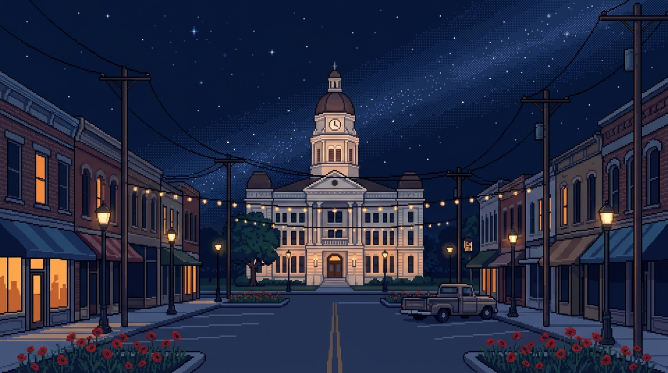 Pixel-art illustration of the Williamson County courthouse square in Georgetown, Texas at night